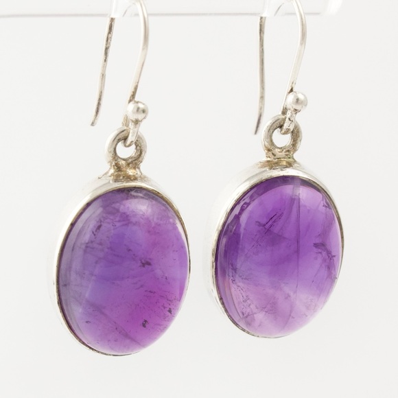 Vintage Amethyst Sterling Silver Dangle Earrings Oval Cabochon - Picture 1 of 6
